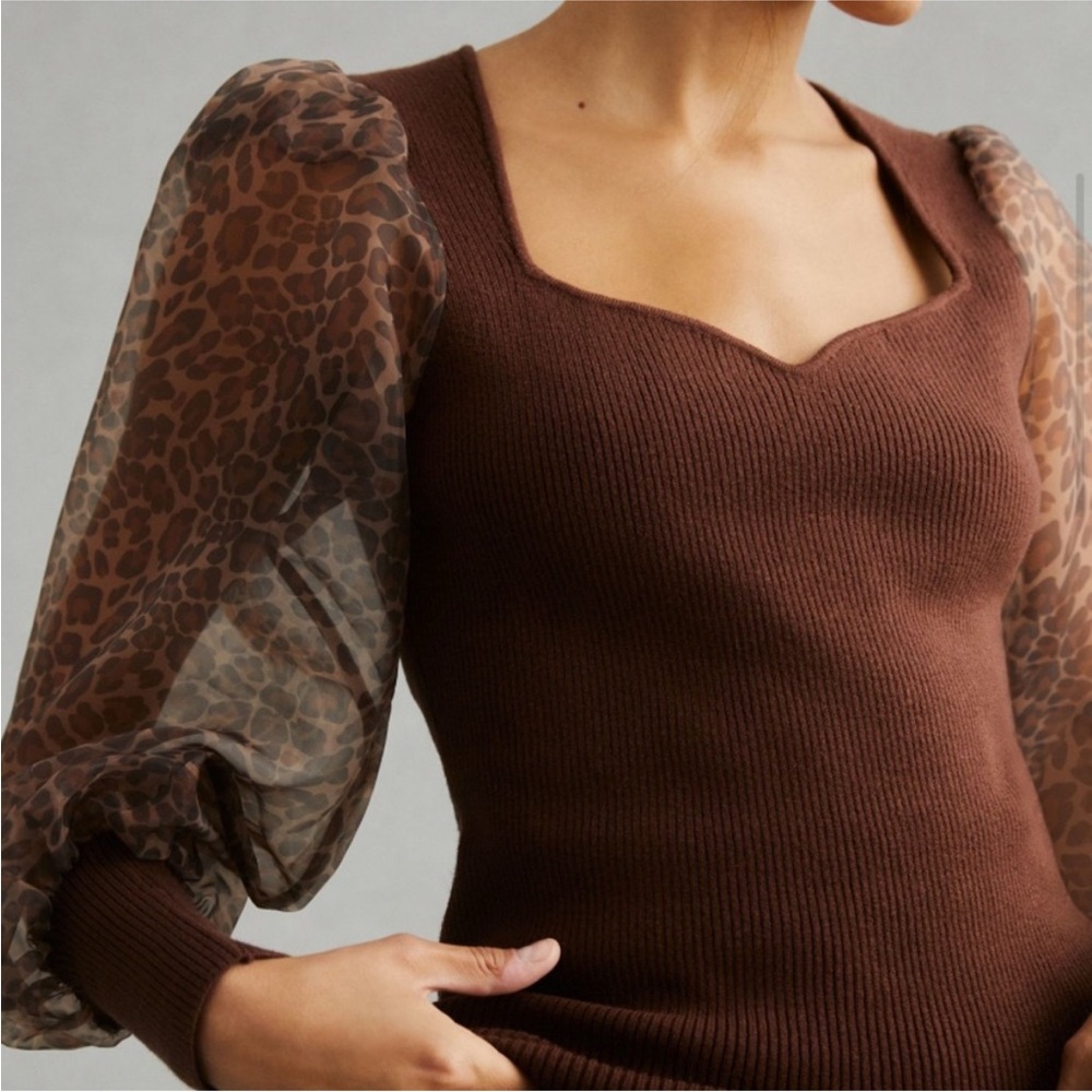 Dolan Anthropologie Knit Cheetah Print Balloon Sleeve Top Size S